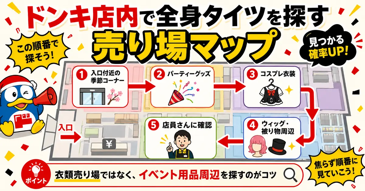 ドンキ店内で全身タイツを探す売り場マップ。入口付近の季節コーナー、パーティーグッズ、コスプレ衣装、ウィッグ周辺、店員さん確認の順番を図解