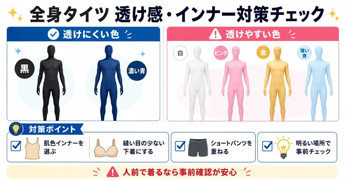 全身タイツの透け感とインナー対策チェック。黒や濃い青は透けにくく、白、ピンク、金、薄い青は透けやすい色として比較
