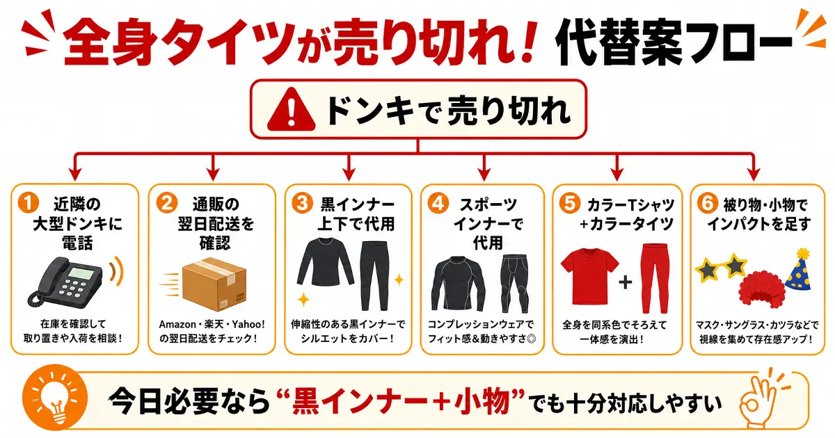 ドンキで全身タイツが売り切れたときの代替案フロー。大型ドンキに電話、通販の翌日配送、黒インナー上下、スポーツインナー、カラーTシャツと小物で代用