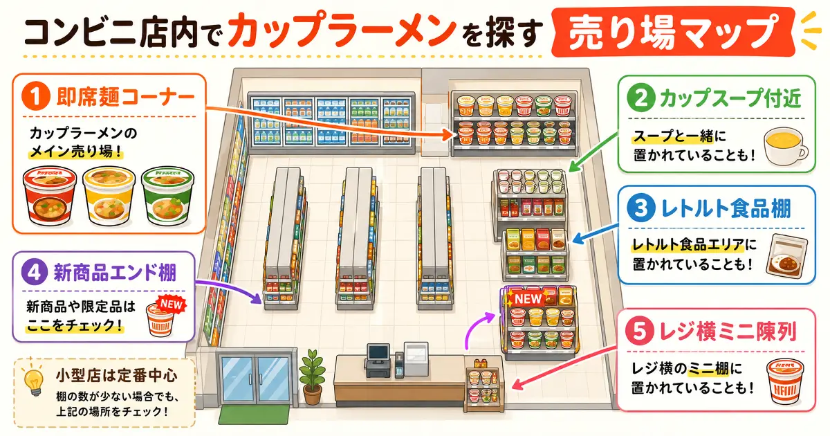 コンビニ店内でカップラーメンを探す売り場マップ。即席麺コーナー、カップスープ付近、レトルト食品棚、新商品エンド棚、レジ横ミニ陳列を示した図解