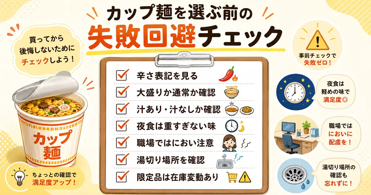 カップ麺を選ぶ前の失敗回避チェックリスト。辛さ表記、大盛りか通常か、汁あり汁なし、夜食向け、職場でのにおい、湯切り場所、限定品の在庫を確認する図解