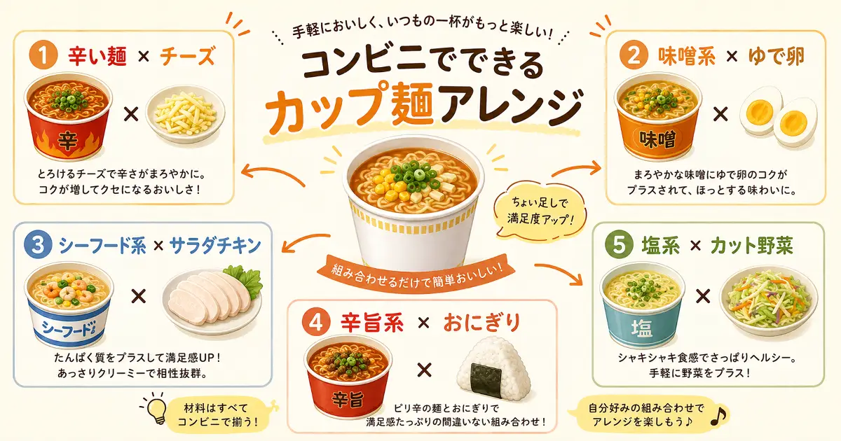 コンビニでできるカップ麺アレンジ。辛い麺とチーズ、味噌系とゆで卵、シーフード系とサラダチキン、辛旨系とおにぎり、塩系とカット野菜の組み合わせを紹介する図解
