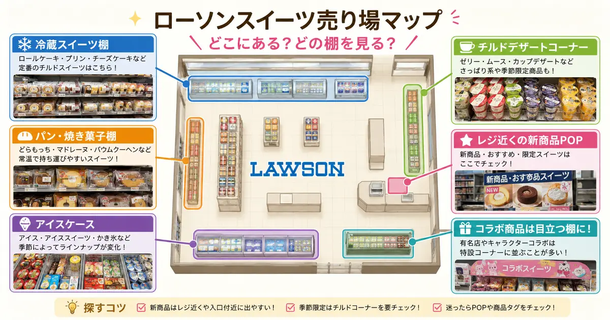 ローソン店内の冷蔵スイーツ棚、チルドデザートコーナー、パン焼き菓子棚、アイスケース、レジ近くの新商品POP、コラボ商品棚を示した売り場マップ