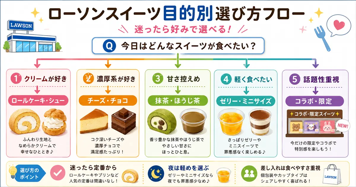 クリーム好きはロールケーキやシュー、濃厚系好きはチーズやチョコ、甘さ控えめは抹茶やほうじ茶、軽く食べたい人はゼリーやミニサイズ、話題性重視はコラボや限定を選ぶローソンスイーツの目的別フロー