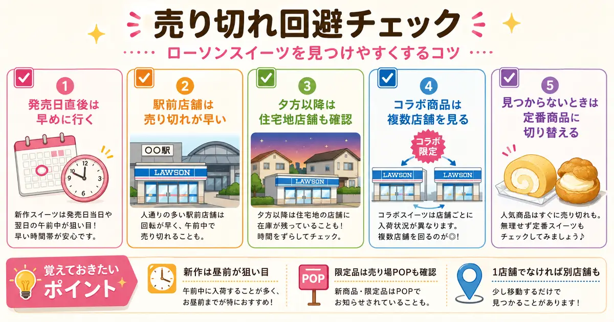 ローソンスイーツの売り切れを避けるために発売日直後は早めに行く、駅前店舗は売り切れが早い、夕方以降は住宅地店舗も確認する、コラボ商品は複数店舗を見る、見つからないときは定番商品に切り替えるチェック画像