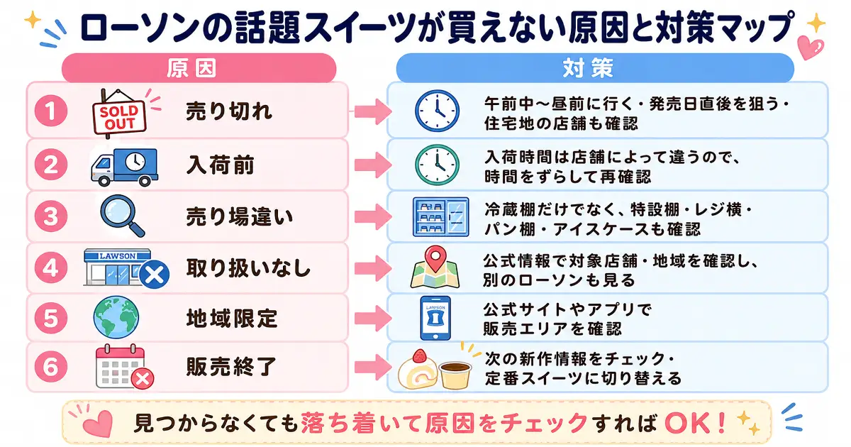 ローソンの話題スイーツが買えない原因として売り切れ、入荷前、売り場違い、取り扱いなし、地域限定、販売終了を挙げ、それぞれの対策をまとめた画像