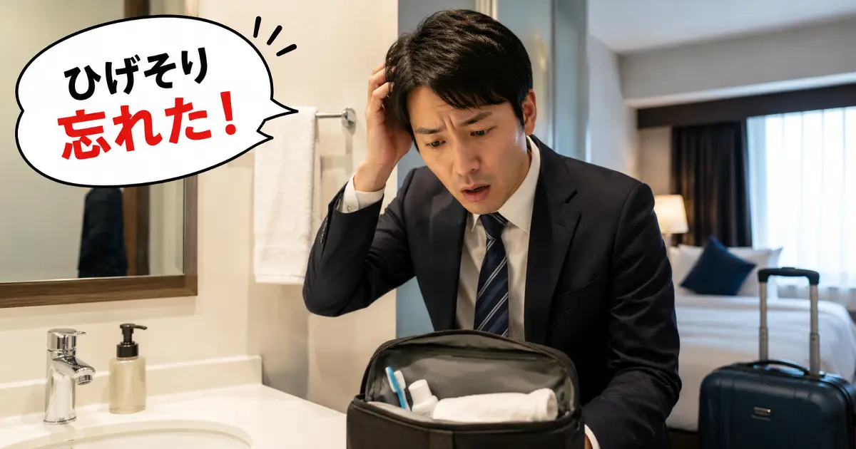 出張先のホテルでひげそりを忘れたことに気づく男性のイメージ