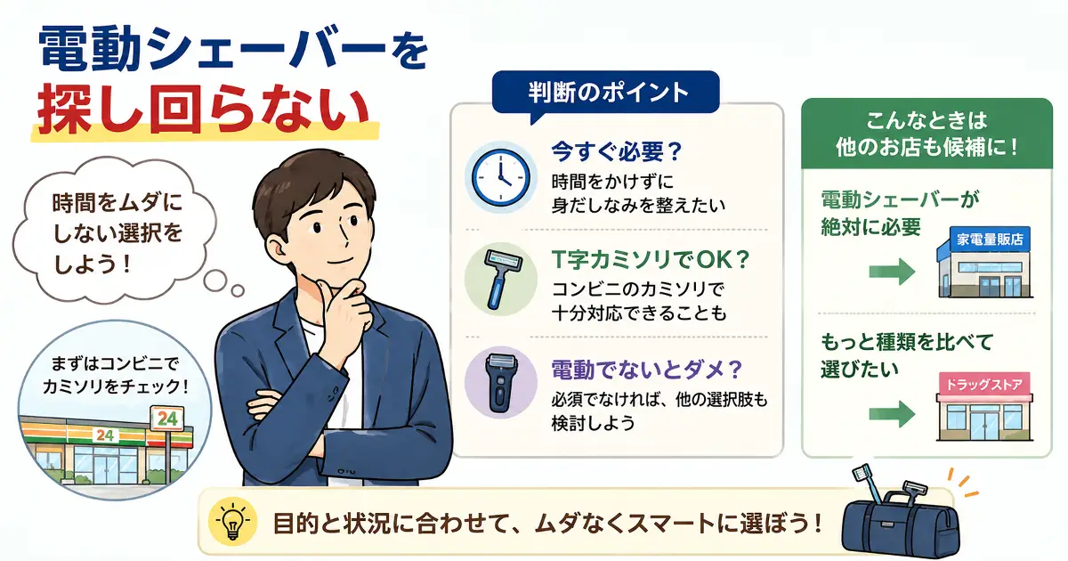 コンビニで電動シェーバーを探し回らず購入先を判断する方法を示したイラスト