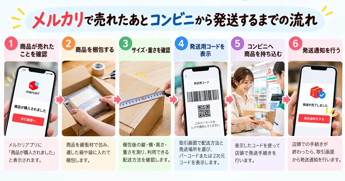 メルカリで売れた商品を梱包してサイズ確認しコンビニ発送するまでの6ステップ