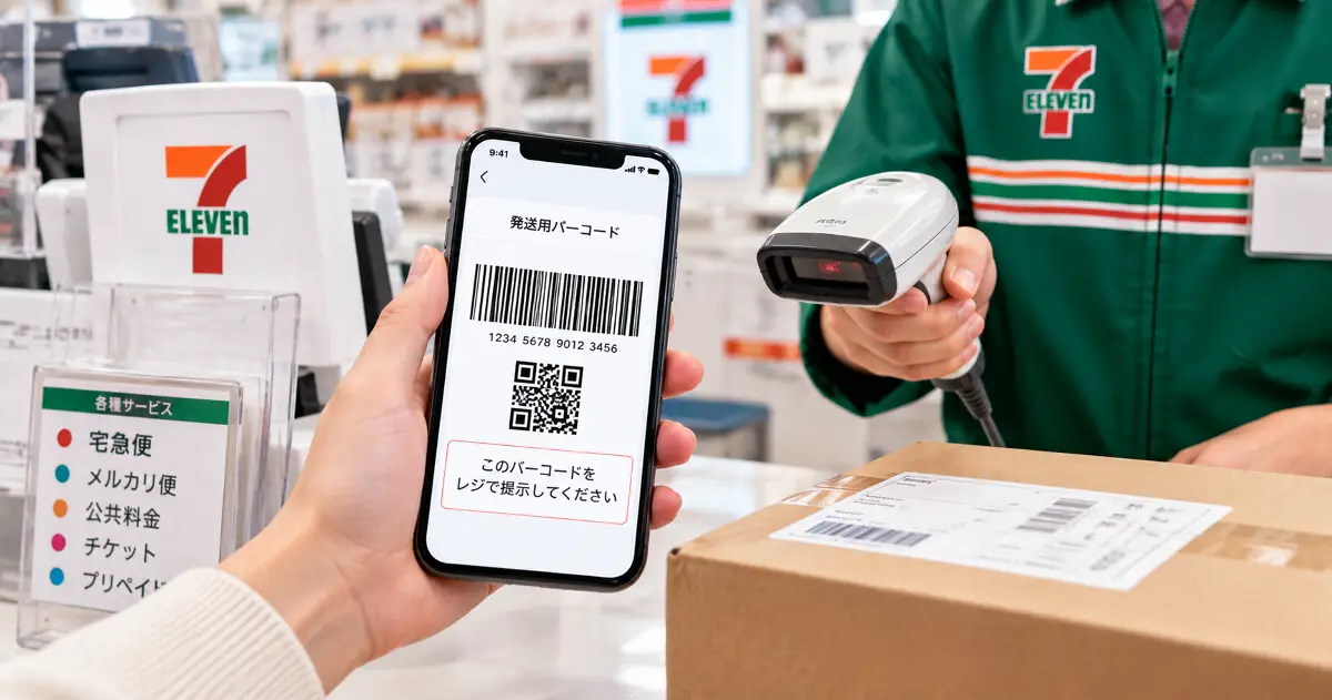 セブンイレブンでメルカリ発送用バーコードをスマホに表示しているイメージ