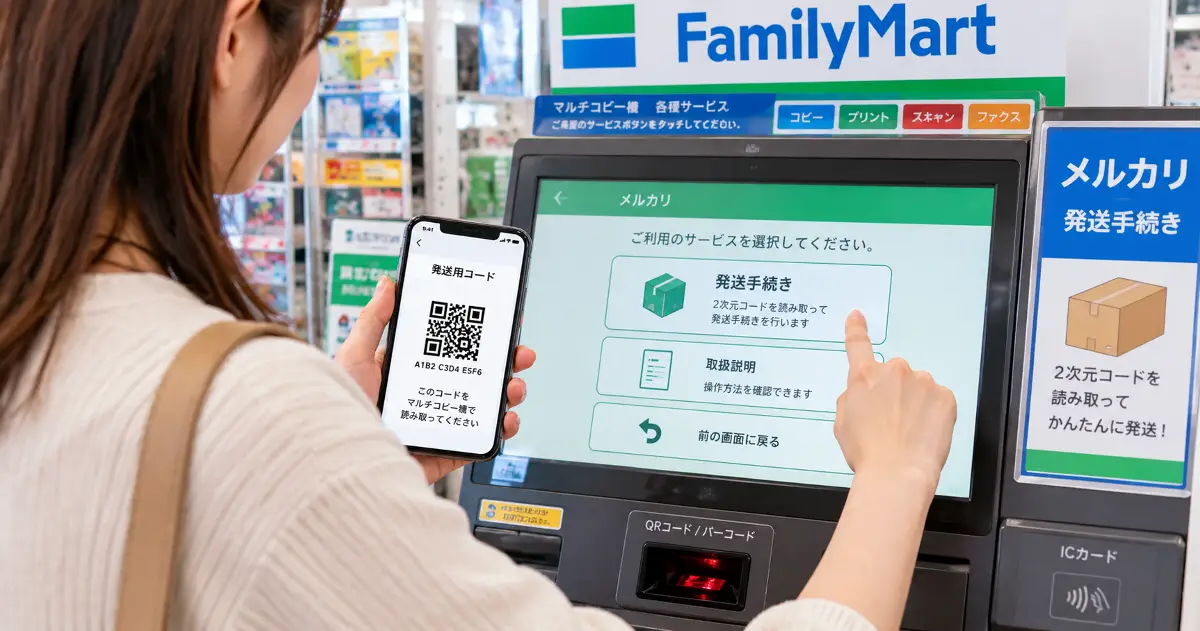 ファミリーマートのマルチコピー機でメルカリ発送手続きをするイメージ