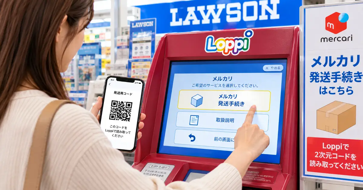 ローソンのLoppiでゆうゆうメルカリ便の発送手続きをするイメージ