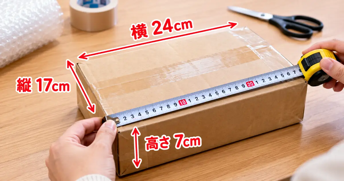 メルカリで発送する梱包済みの荷物をメジャーで縦横高さまで測っているイメージ