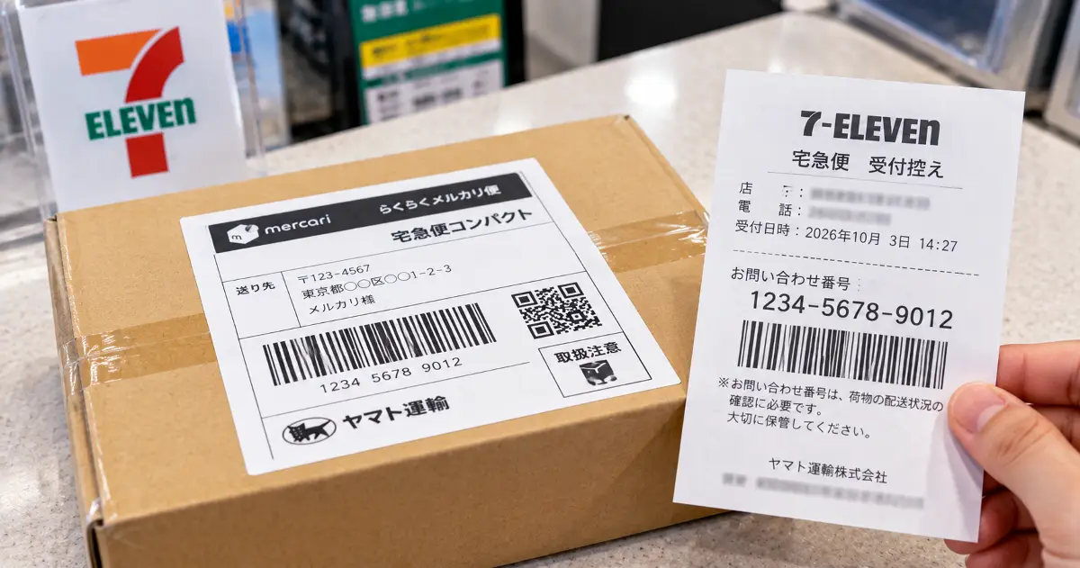 メルカリ便で発送した荷物とコンビニの受付控えを確認するイメージ