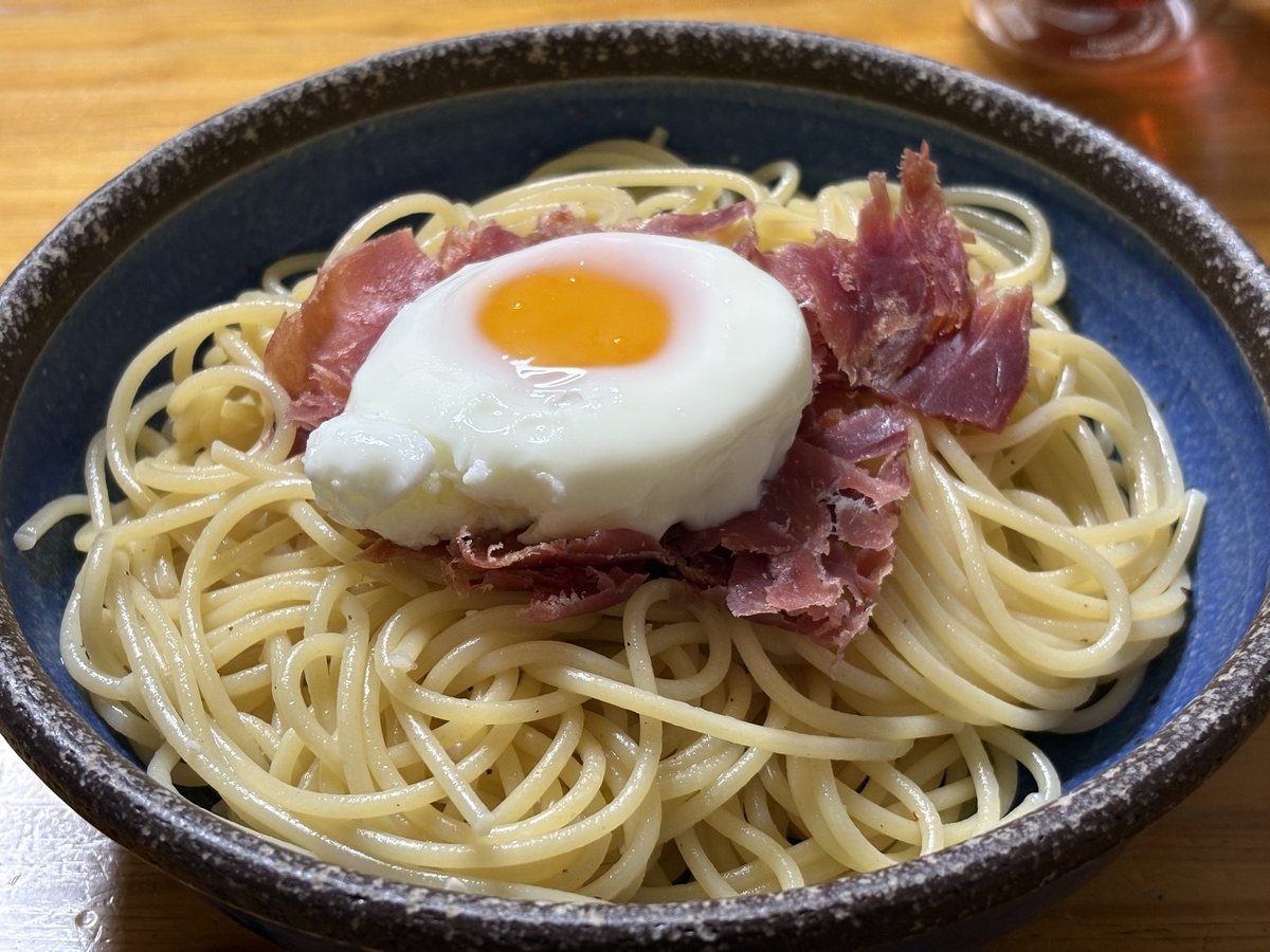 "完成した生ハムパスタの写真"