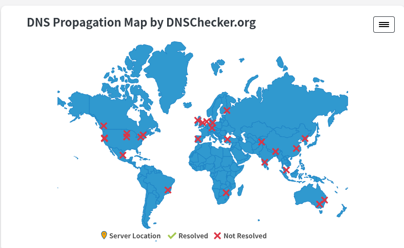"DNSCheckerの世界地図で各地がバツ印の写真"