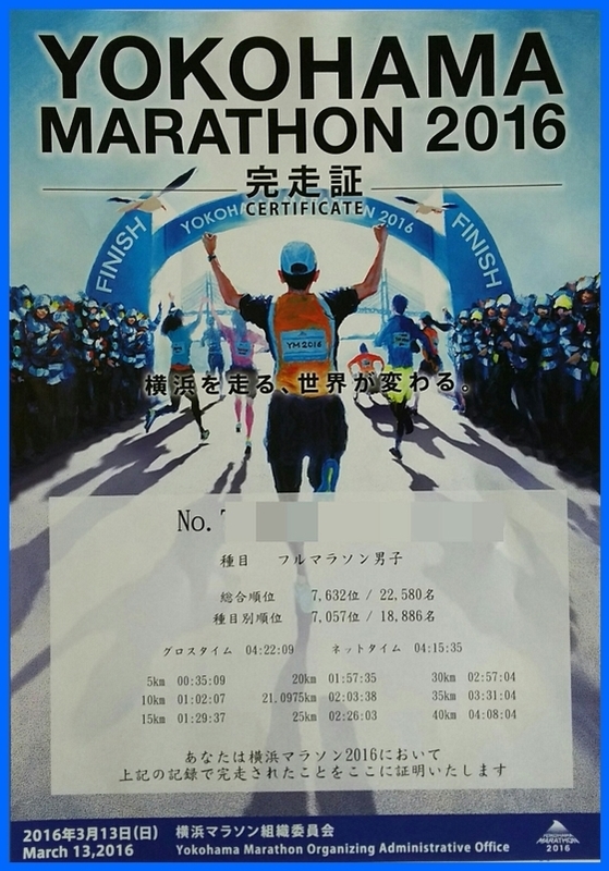 横浜マラソンの 完走証 と 完走タイム入りｔシャツ On The Road Must Go On