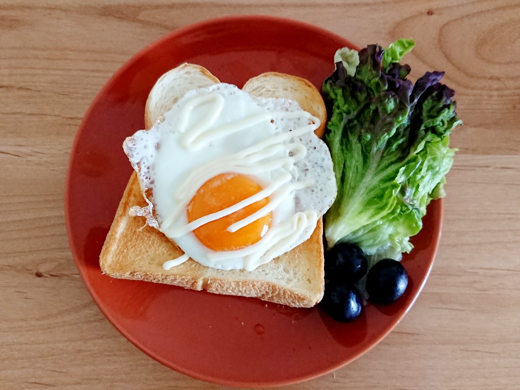f:id:oomametomame:20190508124338j:plain 食パンの上に目玉焼き ぶどう サラダ