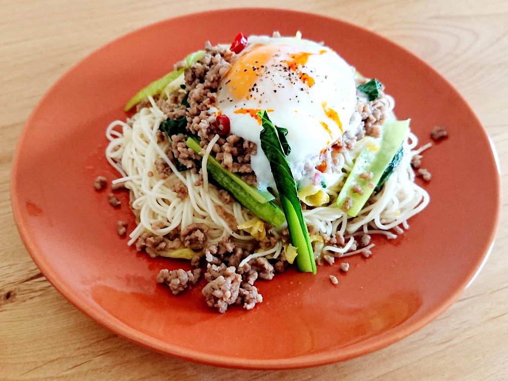 ひき肉とそうめん炒め