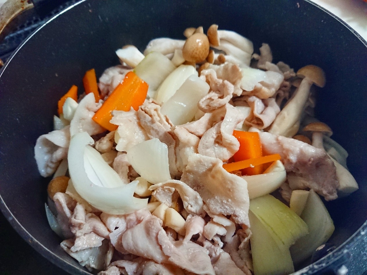 鍋に入った豚肉、野菜