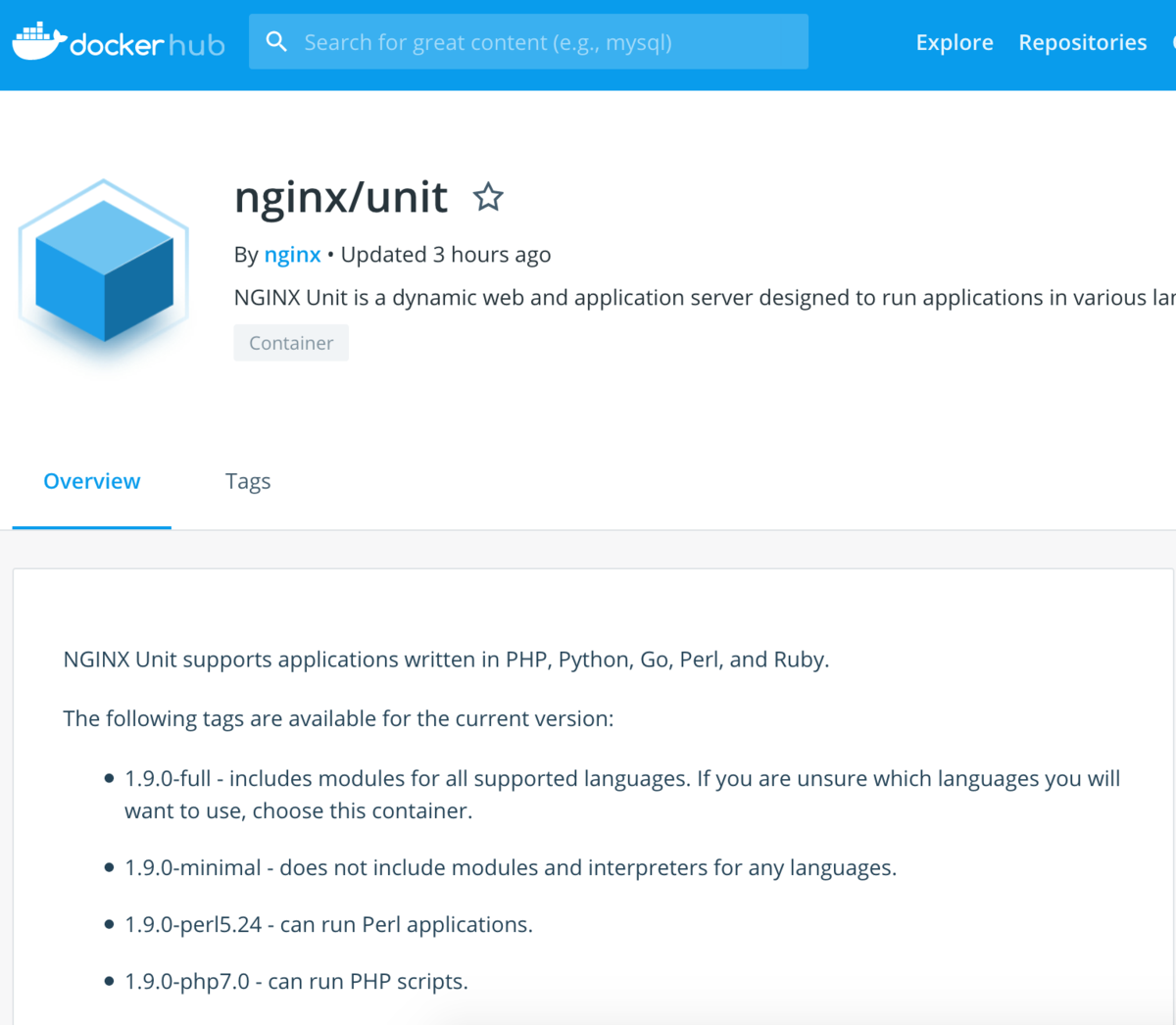 https://hub.docker.com/r/nginx/unit/