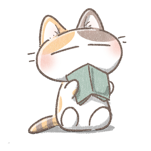 デフォルメされた三毛猫が目を細めて本を読んでいるイラスト
