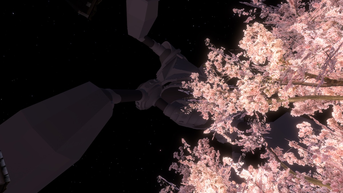 VRChat「SAKURA hiroba-yoru」の空を横切るロボ