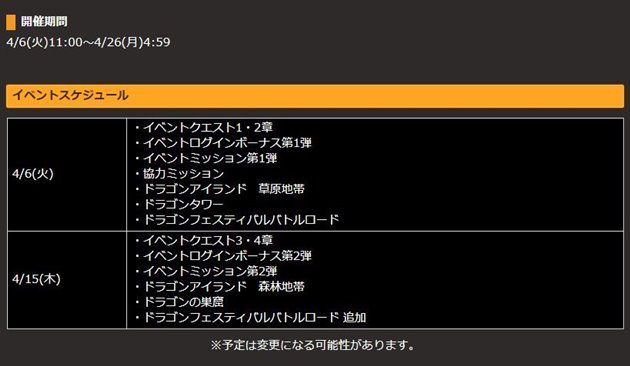 ドラゴンフェスティバルのステジュール