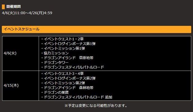ドラゴンフェスティバルのステジュール
