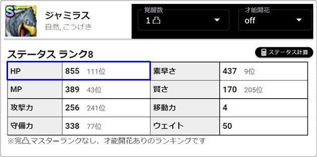 ジャミラス1凸のステータス②