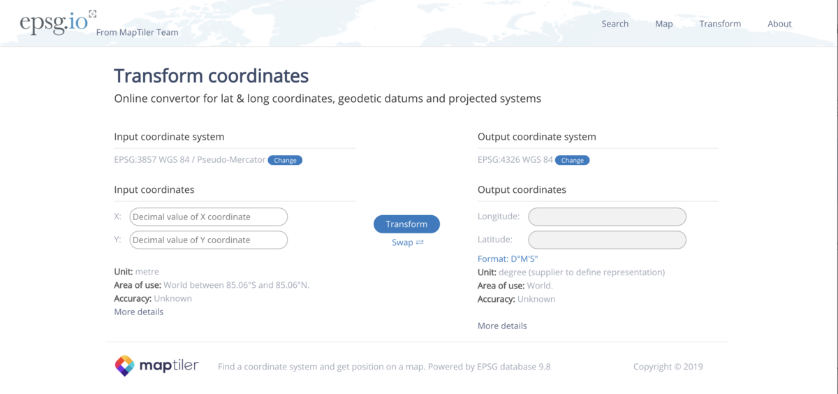 EPSGの位置データ変換画面
