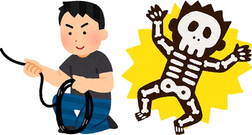 コードをまとめている男性と感電している人