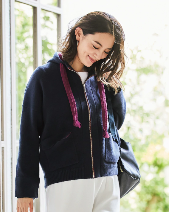 ウール混・裏配色ニットパーカー