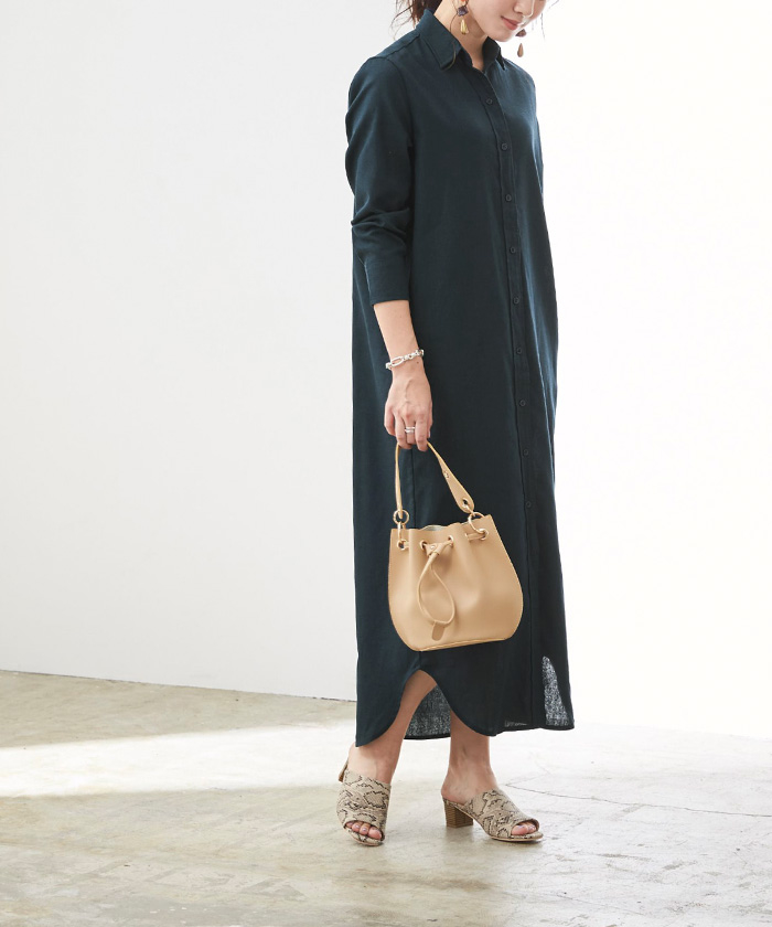 リネン混ロングシャツワンピース