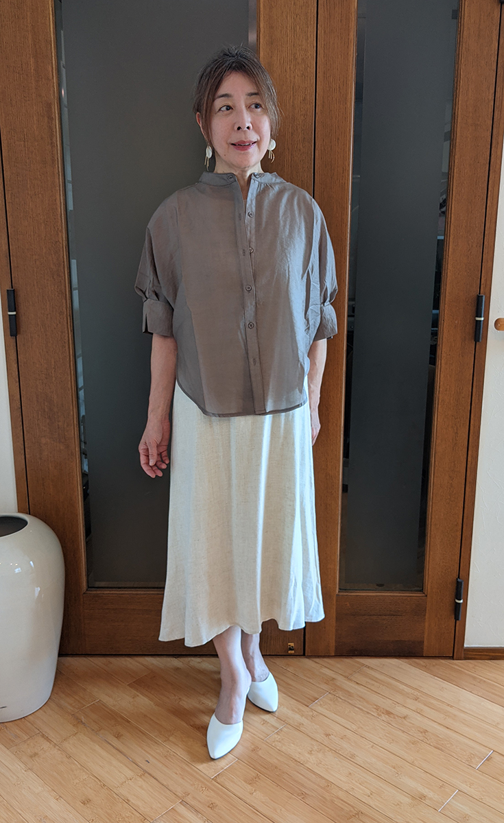 リネン混セミフレアノースリワンピース