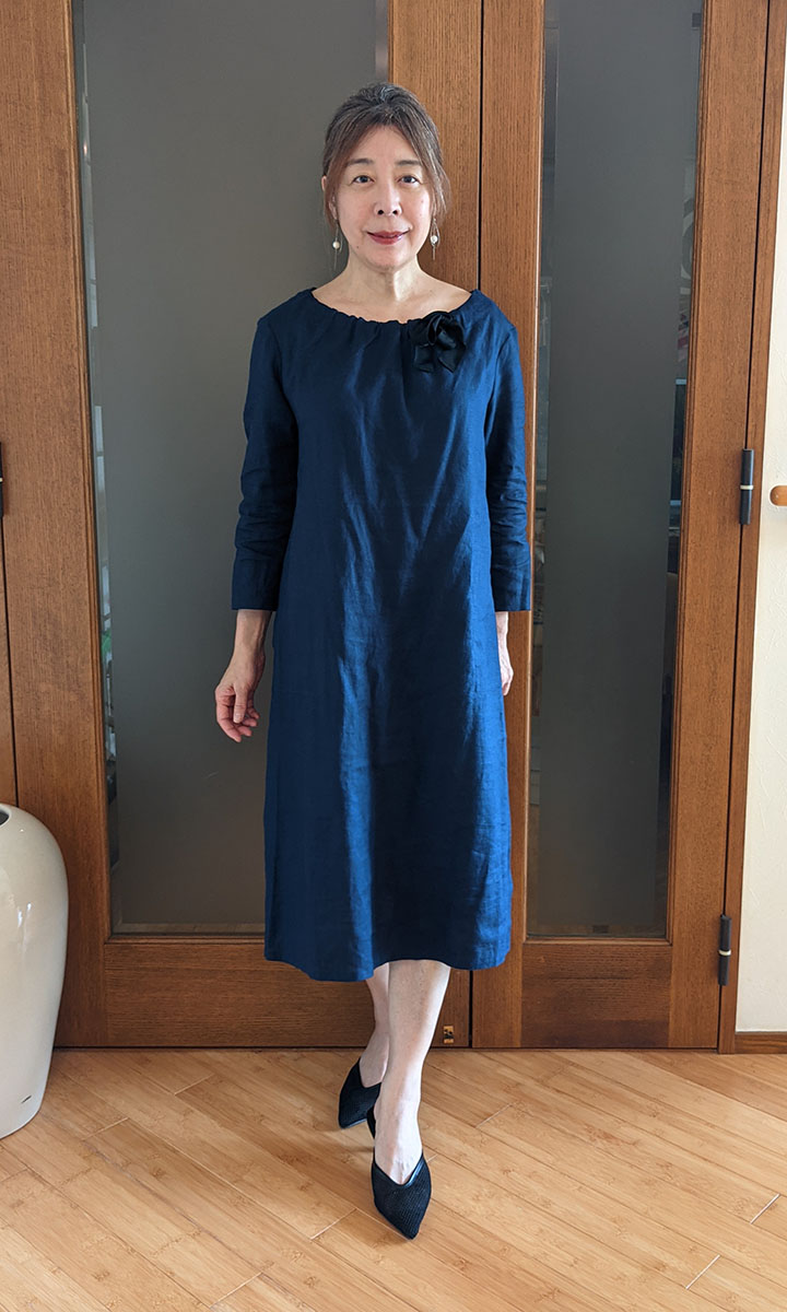 14番リネン・ネックリボンワンピース