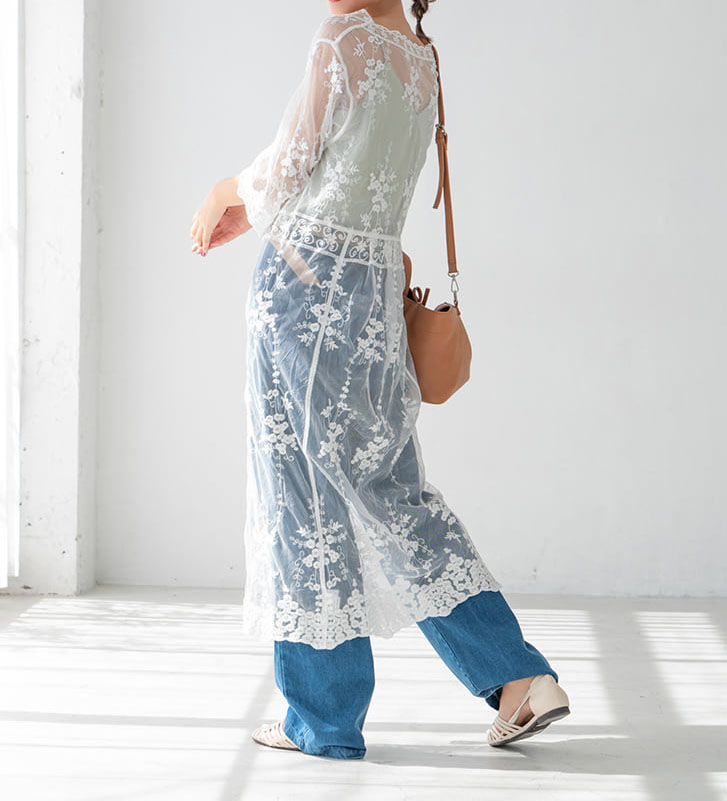 フラワー刺繍スカラップロングガウン