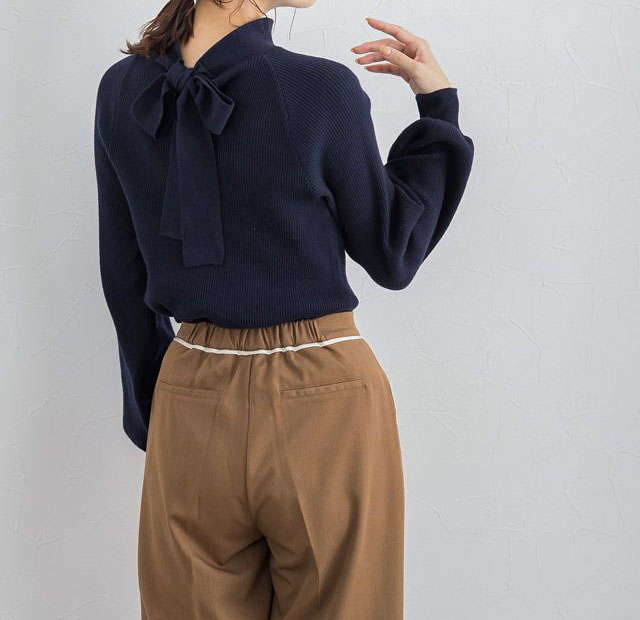 バックリボンリブニット