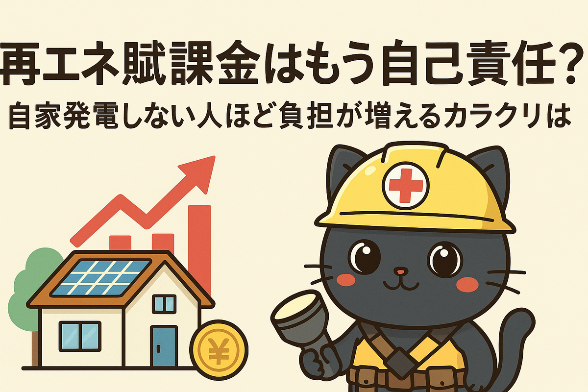 再エネ賦課金と自家発電のカラクリを伝える防災黒猫のイラスト