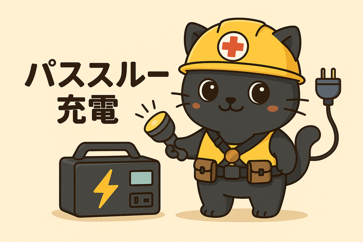 ポータブル電源と黒猫マスコットのイラスト（パススルー充電）