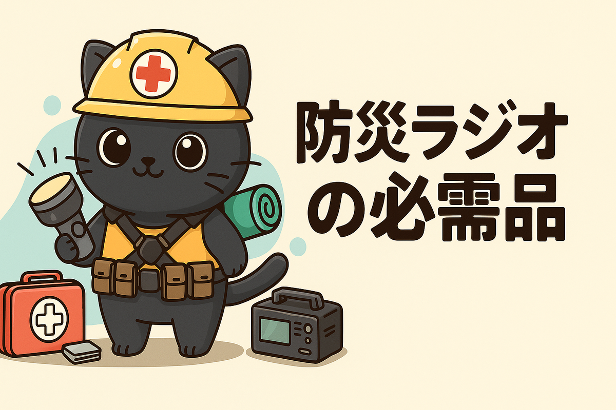 防災ラジオと黒猫マスコットのアイキャッチ画像