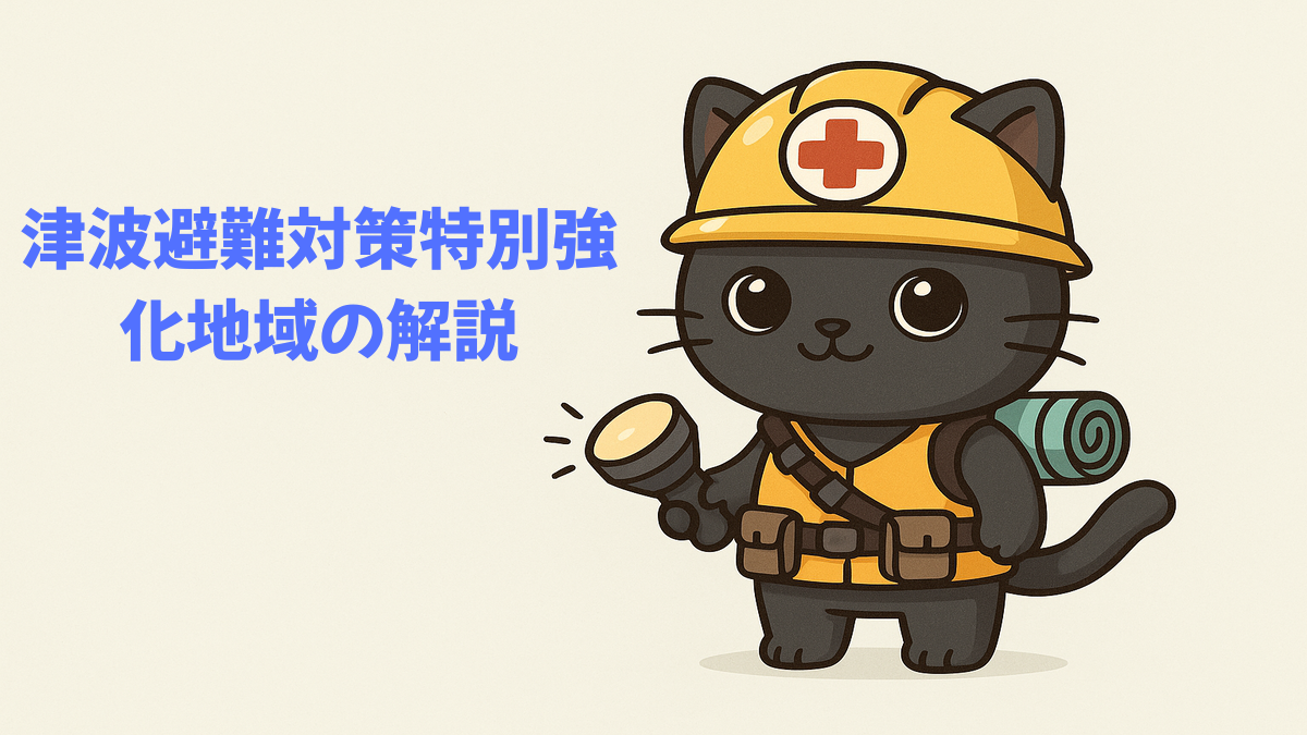 津波から避難する人々のアニメーションと「津波避難対策特別強化地域」の文字