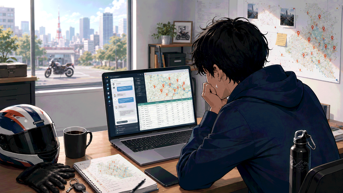 ノートPCでGoogleマイマップとGeminiのチャット、駐車場リストを開きながら頭を抱える男性。