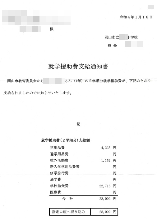 就学援助費支給通知書