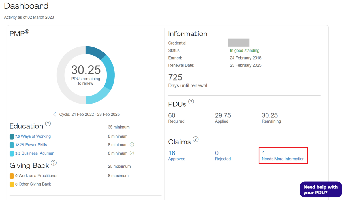 Dashboard の "Needs More Infomation" リンクをクリックする