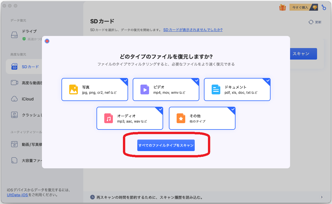 復元したいファイルの形式選択画面