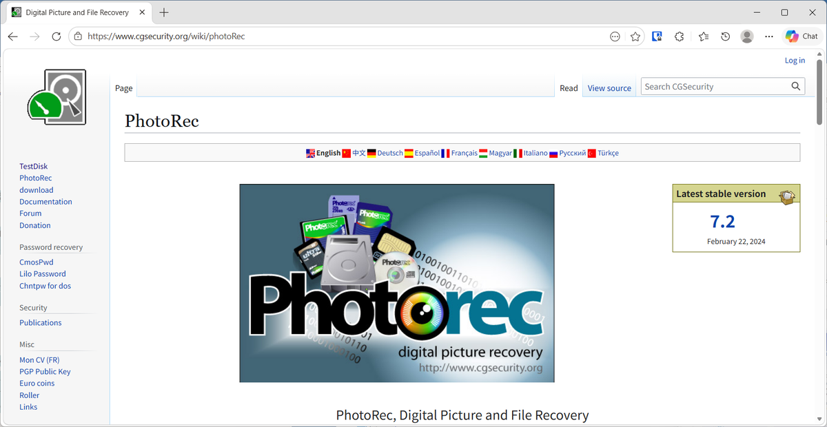 PhotoRec公式サイト