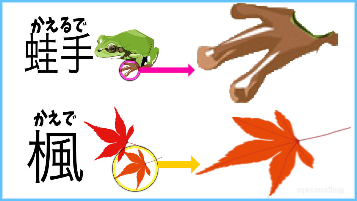 楓(かえで)＝蛙(かえる)＋手(て)＝蛙手(かえるで)の音変化【タイトルで 