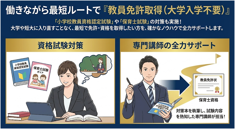 働きながら最短ルートで「教員免許取得(大学入学不要)」