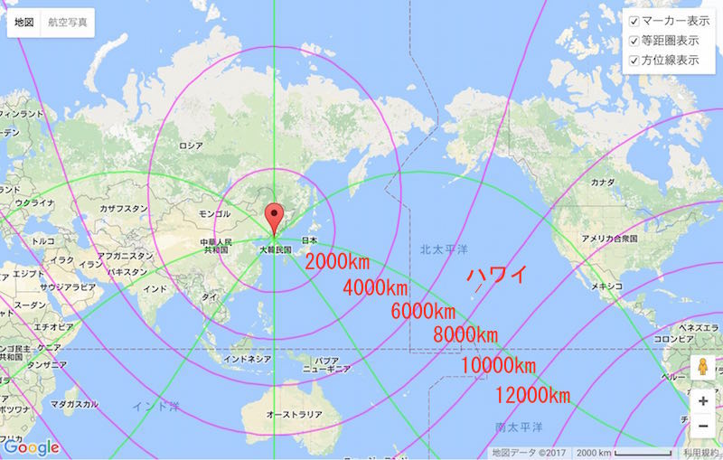 地図 Googleマップ メルカトル図法 で 北朝鮮のミサイルの射程距離を記してみた Pelicanmemo